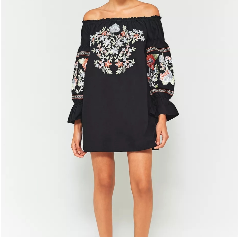 Free People Boho Fleur Du Jour Floral Embroidered Black Dress